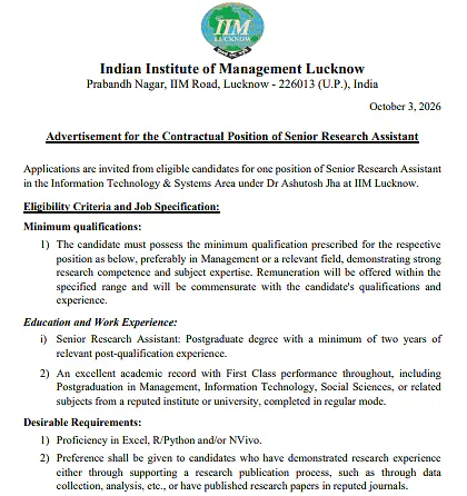 Senior Research Assistant Recruitment 2026 – IIM Lucknow