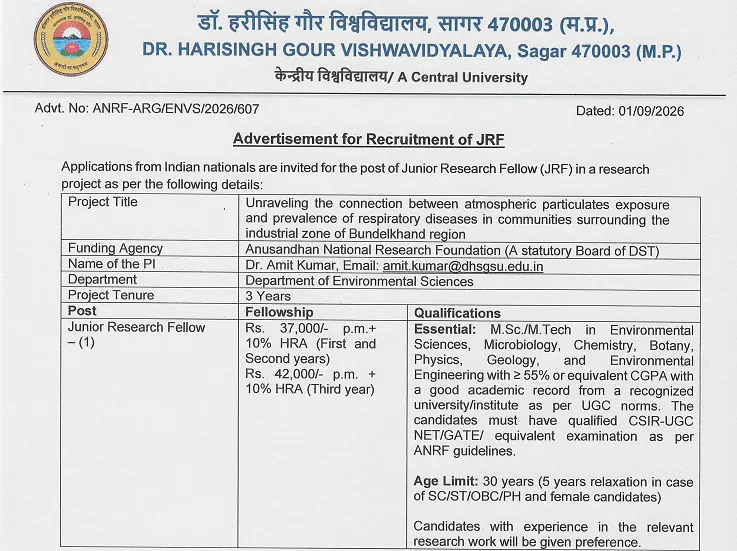 Junior Research Fellow Recruitment 2026 at Dr. Harisingh Gour Vishwavidyalaya – ANRF Research Project