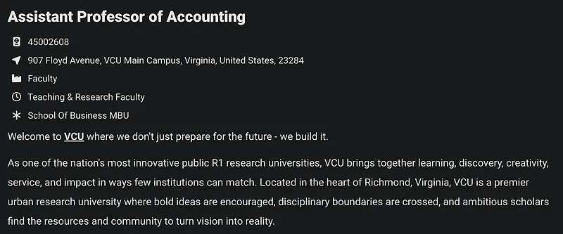 Assistant Professor of Accounting – Virginia Commonwealth University