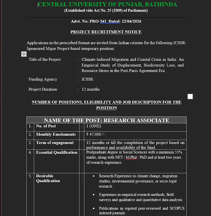 Research Associate Recruitment 2026 – Central University of Punjab (ICSSR Project)