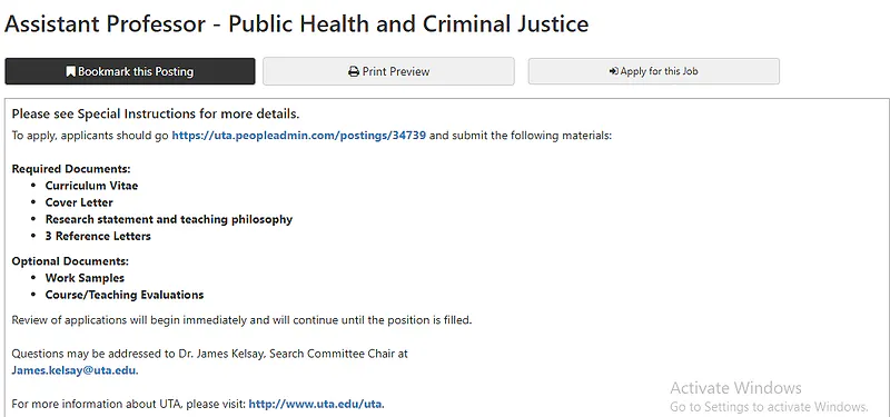 Assistant Professor – Public Health and Criminal Justice – University of Texas at Arlington