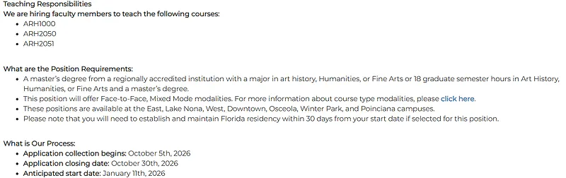 Part-Time Faculty, Art History – Valencia College