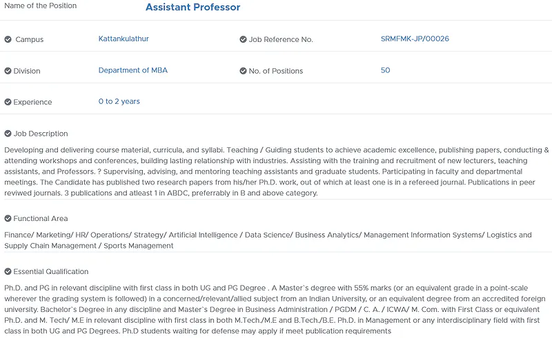SRMIST Assistant Professor Recruitment 2026: 50 MBA Faculty Positions