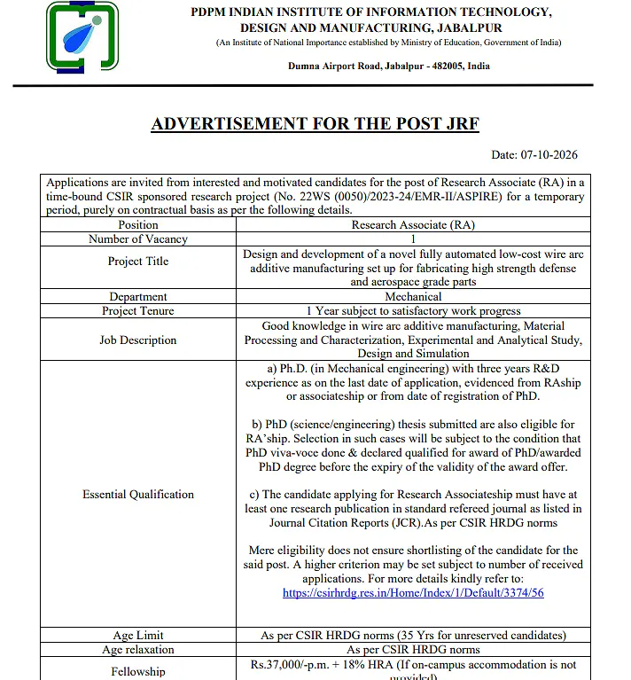 Research Associate (RA) Recruitment 2026 at IIITDM Jabalpur – CSIR Sponsored Research Project