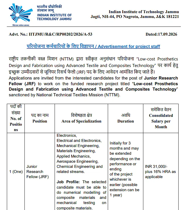 Junior Research Fellow (JRF) Recruitment 2026 at IIT Jammu – NTTM Sponsored Advanced Textiles & Composites Project