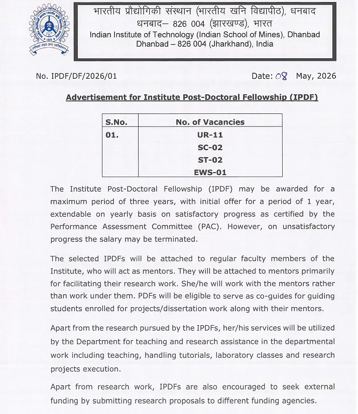 IIT (ISM) Dhanbad: Institute Post-Doctoral Fellowship (IPDF) 2026