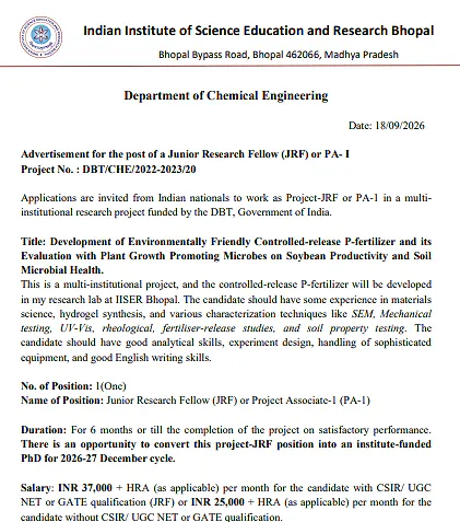 Junior Research Fellow (JRF) / Project Associate-I Recruitment 2026 at IISER Bhopal – DBT Funded Sustainable Fertilizer Research Project