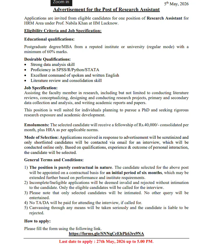 IIM Lucknow Recruitment 2026 -  Research Assistant (HRM Area)
