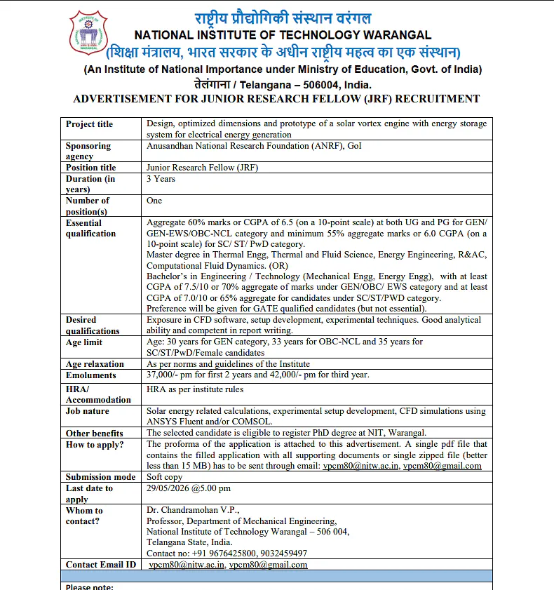 JRF Recruitment 2026 – National Institute of Technology Warangal