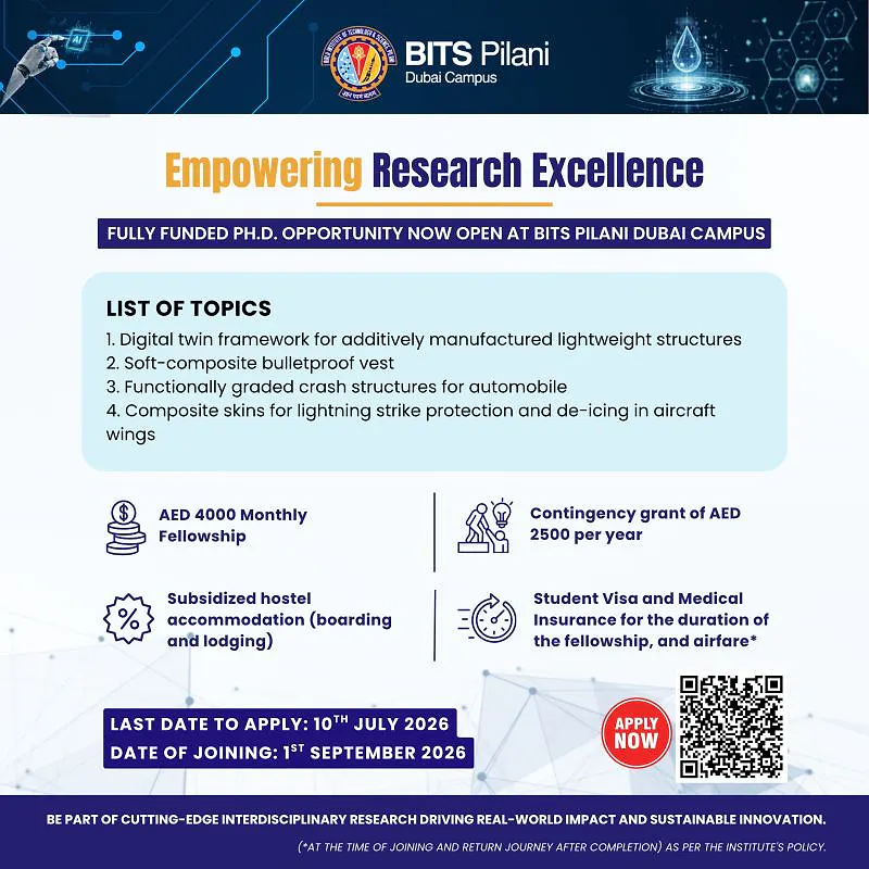 BITS Pilani Dubai Campus Invites Applications for Fully Funded Ph.D. Programme 2026