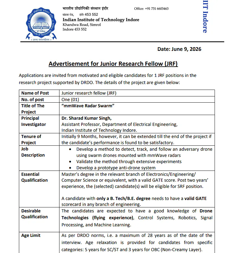 IIT Indore JRF Recruitment 2026 | DRDO-Funded Project on mmWave Radar Swarm Technology