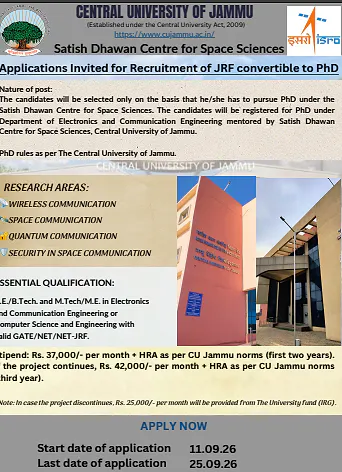 Junior Research Fellow (JRF) Recruitment 2026 at Central University of Jammu – Satish Dhawan Centre for Space Sciences