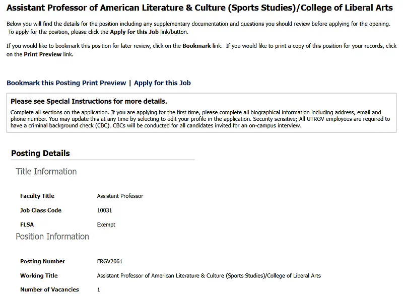 Assistant Professor of American Literature & Culture (Sports Studies) – The University of Texas Rio Grande Valley