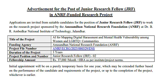 NIT Jalandhar JRF Recruitment 2026 for ANRF-Funded AI Research Project