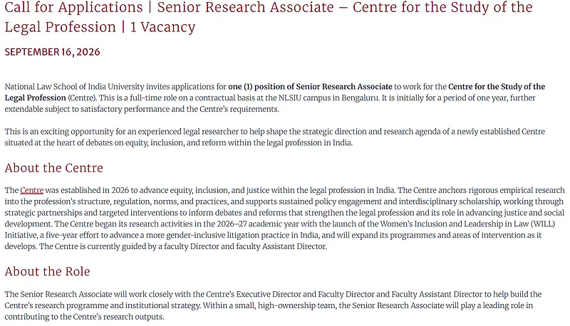 Senior Research Associate Recruitment 2026 at NLSIU – Centre for the Study of the Legal Profession