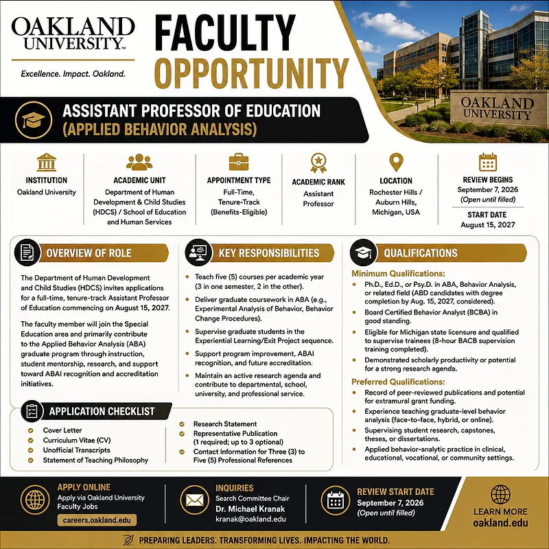 Assistant Professor of Education (Applied Behavior Analysis) – Oakland University