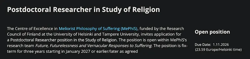 Postdoctoral Research Opportunity: Postdoctoral Researcher in Study of Religion – University of Helsinki