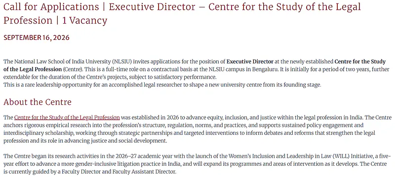 Executive Director Recruitment 2026 at NLSIU – Centre for the Study of the Legal Profession