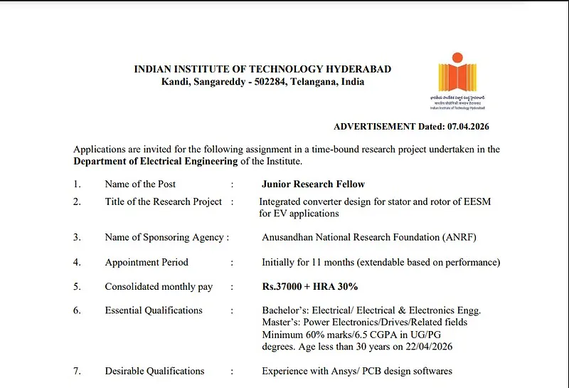 Junior Research Fellow (JRF) Recruitment 2026: IIT Hyderabad
