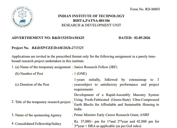 Junior Research Fellow Recruitment 2026 at IIT Patna – ANRF Research Project