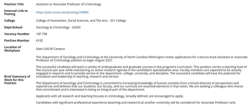 Assistant or Associate Professor of Criminology – University of North Carolina Wilmington