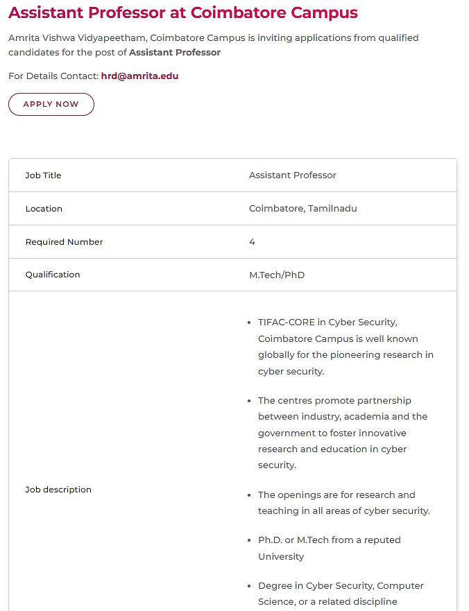 Assistant Professor Recruitment 2026 at Amrita Vishwa Vidyapeetham – Cyber Security, Coimbatore Campus