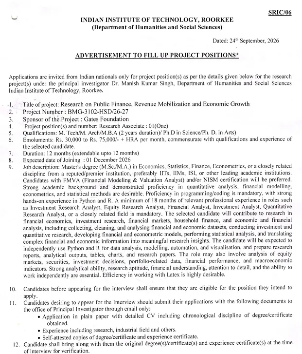 Research Associate Recruitment 2026 at IIT Roorkee – Public Finance, Revenue Mobilization and Economic Growth