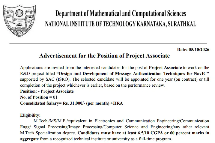 Project Associate Recruitment 2026 at NITK Surathkal – ISRO-SAC Sponsored Project