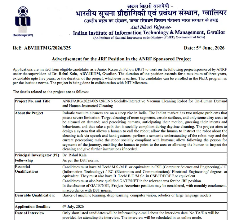 Junior Research Fellow (JRF) – ANRF Sponsored Project