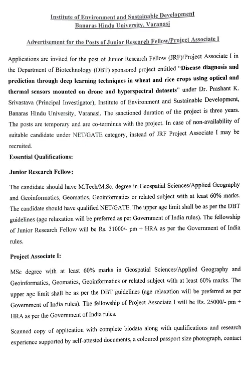 Banaras Hindu University JRF/Project Associate Recruitment