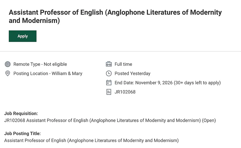 Assistant Professor of English (Anglophone Literatures of Modernity and Modernism) – William & Mary