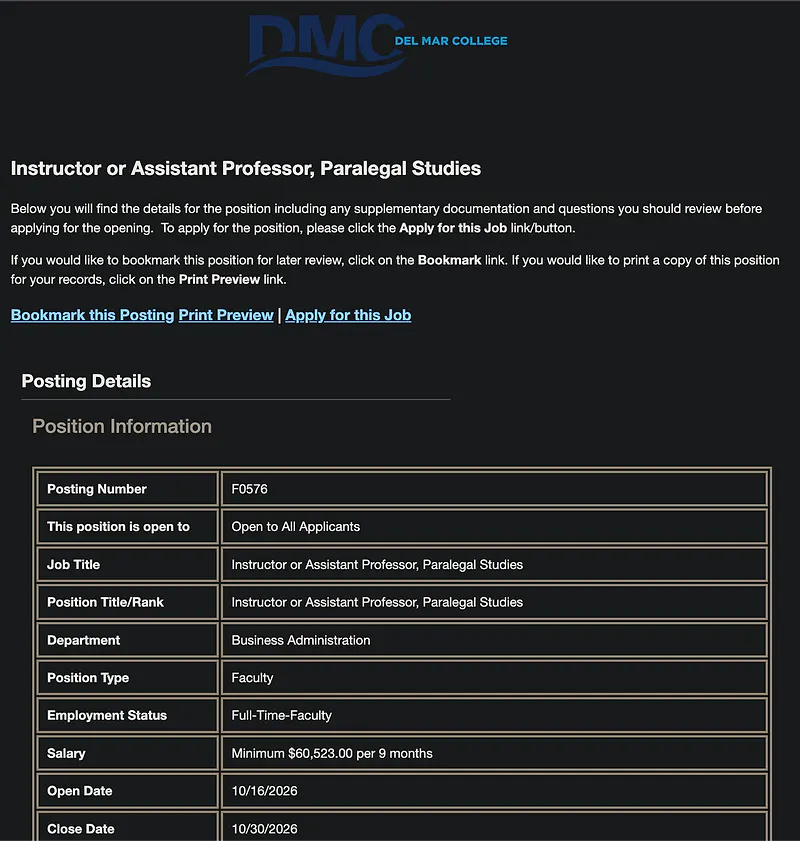 Faculty Opportunity: Instructor or Assistant Professor, Paralegal Studies – Del Mar College