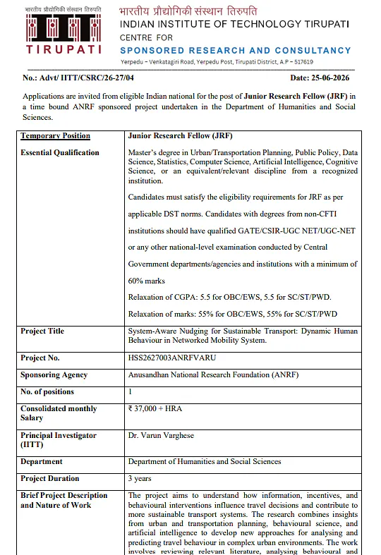 IIT Tirupati Invites Applications for Junior Research Fellow (JRF) under ANRF-Funded Project