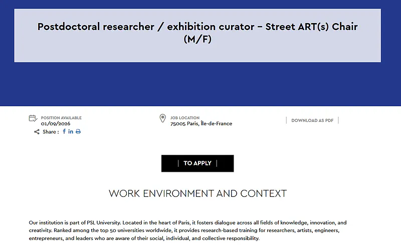 PSL University Recruitment 2026: Applications Open for Postdoctoral Researcher / Exhibition Curator – Street ART(s) Chair (M/F)