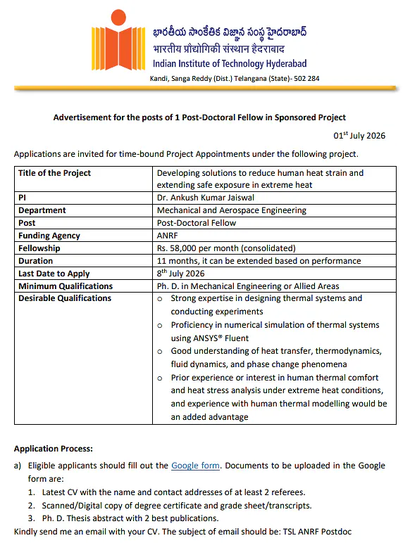 IIT Hyderabad Invites Applications for Post-Doctoral Fellow Position in Mechanical & Aerospace Engineering