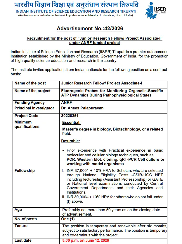 IISER Tirupati Recruitment 2026: JRF / Project Associate-I Position Under ANRF-Funded Project