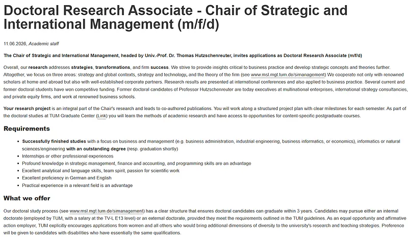 Doctoral Research Associate (m/f/d) – Chair of Strategic and International Management, TUM, Germany