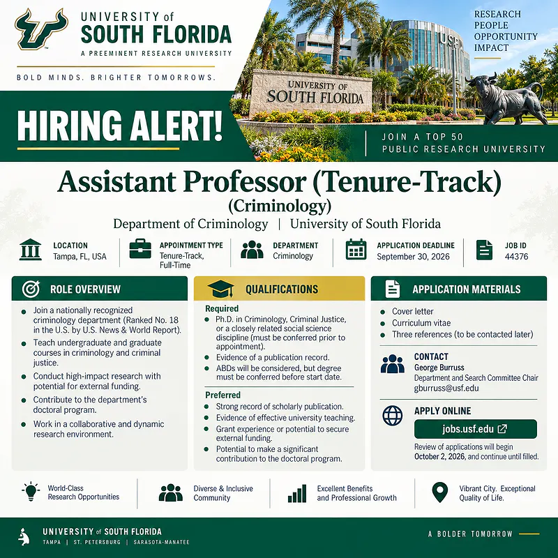 Assistant Professor Tenure-Track (Criminology) – University of South Florida