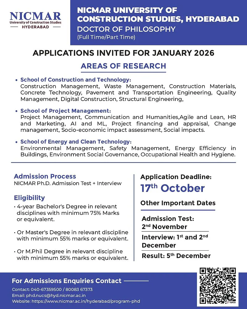 PhD Admissions 2025 – NICMAR University of Construction Studies, Hyderabad