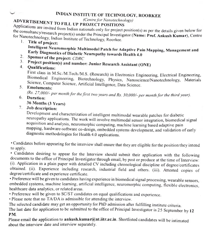 Junior Research Assistant Recruitment 2026 at IIT Roorkee – Centre for Nanotechnology