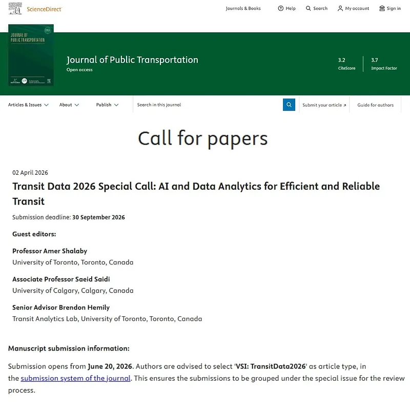 "Transit Data 2026 Special Call: AI and Data Analytics for Efficient and Reliable Transit"