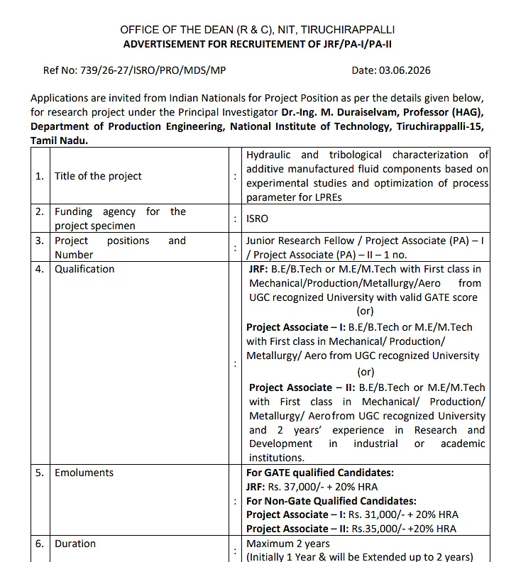 NIT Tiruchirappalli Recruitment 2026 – JRF and Project Associate Positions 