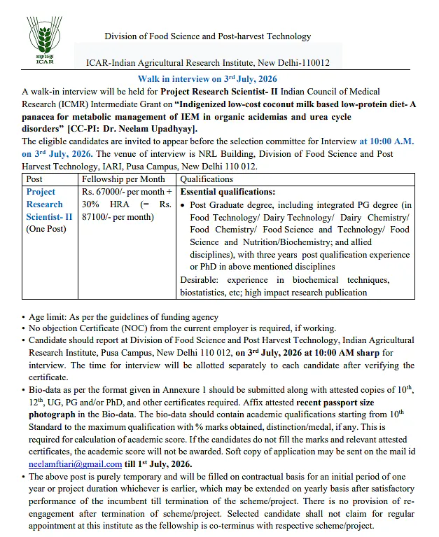 ICAR-IARI Recruitment 2026: Project Research Scientist-II under ICMR Intermediate Grant