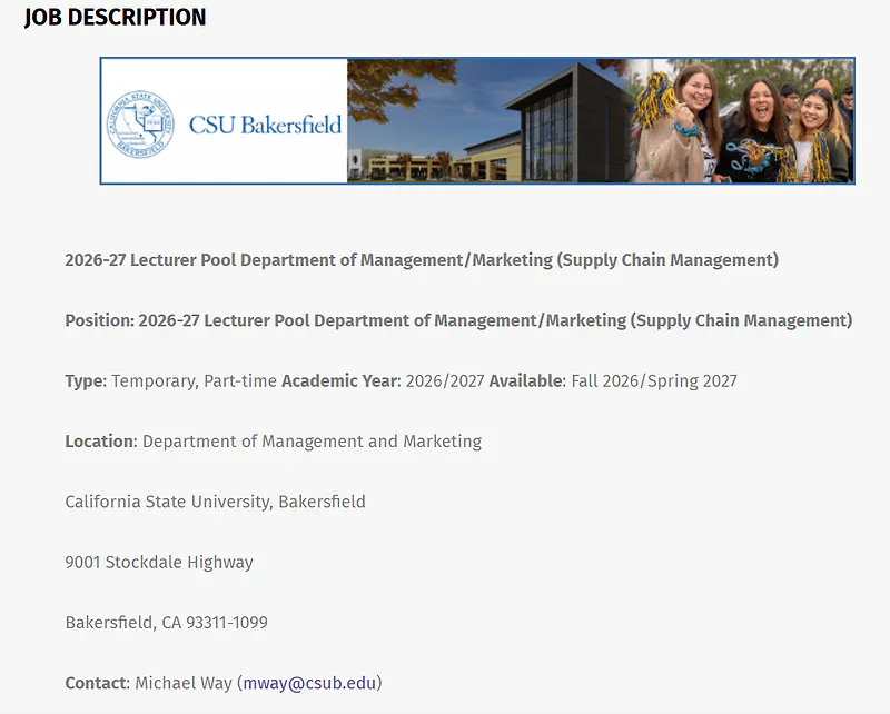 California State University, Bakersfield Lecturer Recruitment 2026–27: Business Strategy & Supply Chain Management
