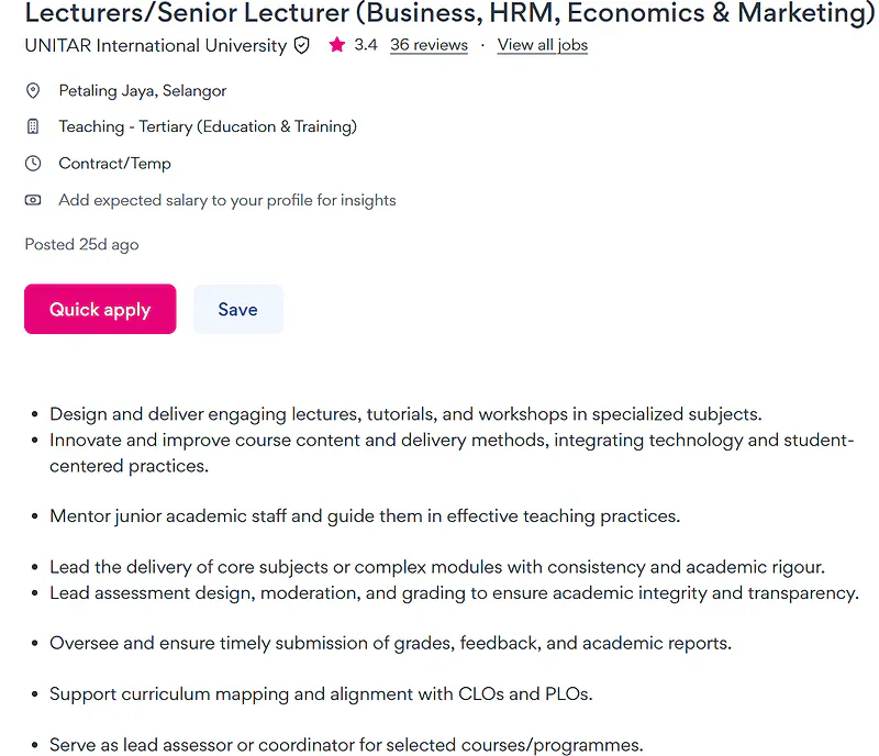 UNITAR International University Recruitment: Lecturers/Senior Lecturers in Business, HRM, Economics and Marketing