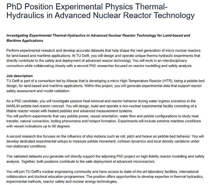 TU Delft PhD Position 2026 | Experimental Physics & Thermal-Hydraulics in Advanced Nuclear Reactor Technology