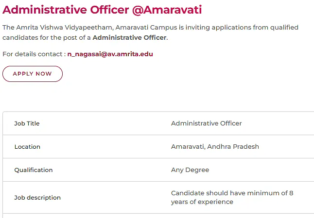 Administrative Officer Recruitment 2026 – Amrita Vishwa Vidyapeetham, Amaravati