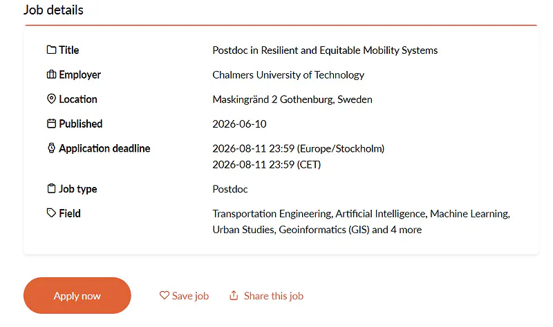 Chalmers University of Technology Recruitment 2026: Postdoctoral Researcher in Resilient and Equitable Mobility Systems