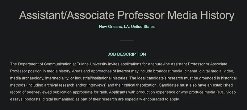 Assistant / Associate Professor in Media History – Tulane University
