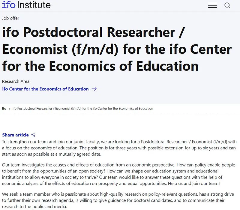 ifo Institute Recruitment 2026 | Postdoctoral Researcher / Economist (Economics of Education)